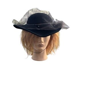Vintage Betmar black felted wool wide brim hat with rhinestones & veil overlay